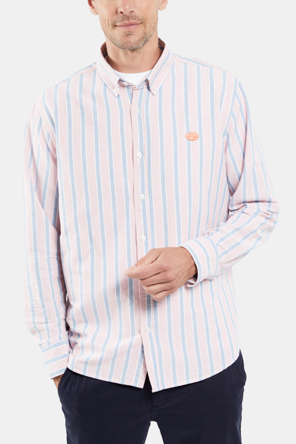 Armor Lux Oxford Stripe Henley Shirt (Pink White Blue) | Number Six